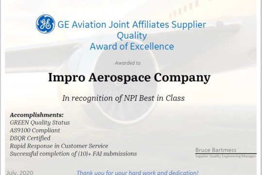 Impro Aerospace Company Earns Prestigious GE Aviation Joint Affiliates Supplier Quality Honor