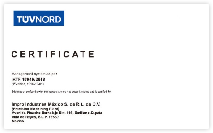 IMMX-PM Plant Receives IATF 16949 Certificate - Impro Precision